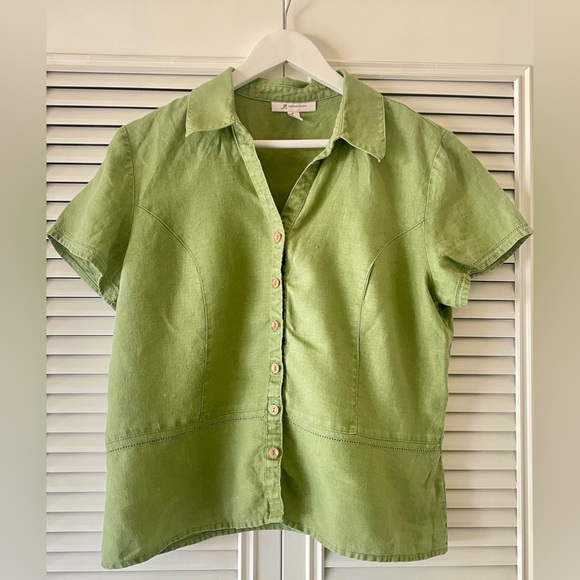 JM Collection Ladies Avocado Green Linen Short Sleeve Button-Up Shirt SZ 12(B13) - Picture 1 of 6